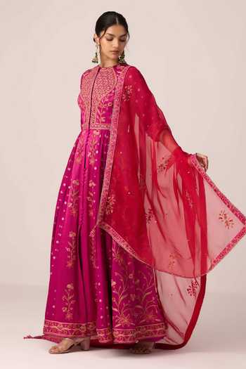 Shyam Narayan Prasad_Pink Silk, Organza, Brocade, Chinon Floral Embroidered Anarkali Pant Set _at_Aza_Fashions