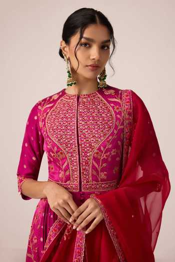 Shyam Narayan Prasad_Pink Silk, Organza, Brocade, Chinon Floral Embroidered Anarkali Pant Set _Online