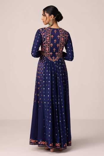 Shop_Shyam Narayan Prasad_Blue Silk, Organza, Chinon Round Neck Floral Thread Embroidered Anarkali Set _at_Aza_Fashions