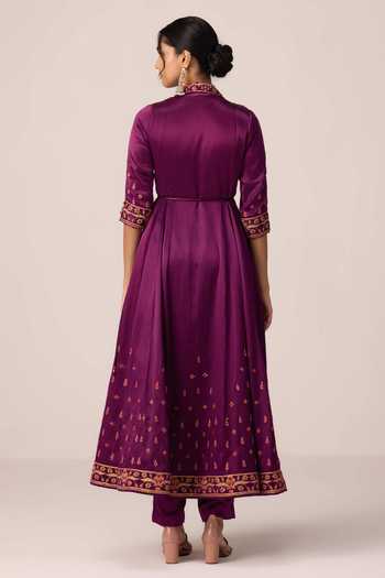 Shyam Narayan Prasad_Wine Silk, Organza, Chinon, Brocade Thread Embroidered Angarkha Anarkali Set _Online_at_Aza_Fashions