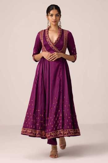 Buy_Shyam Narayan Prasad_Wine Silk, Organza, Chinon, Brocade Thread Embroidered Angarkha Anarkali Set _Online_at_Aza_Fashions