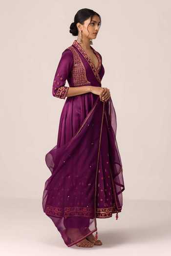 Shyam Narayan Prasad_Wine Silk, Organza, Chinon, Brocade Thread Embroidered Angarkha Anarkali Set _Online