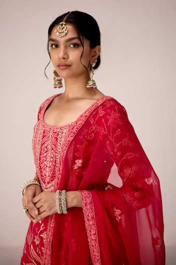 Shyam Narayan Prasad_Red Silk, Organza, Chinon Scoop Neck Floral Embroidered Kurta Sharara Set _Online_at_Aza_Fashions