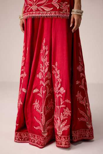Shop_Shyam Narayan Prasad_Red Silk, Organza, Chinon Scoop Neck Floral Embroidered Kurta Sharara Set 