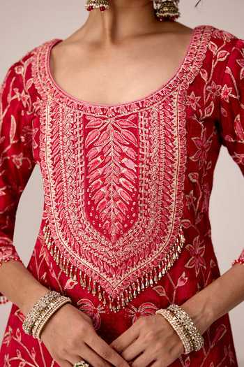 Buy_Shyam Narayan Prasad_Red Silk, Organza, Chinon Scoop Neck Floral Embroidered Kurta Sharara Set _Online