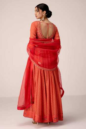 Shyam Narayan Prasad_Orange Silk, Organza, Chinon V-neck Yoke Embroidered Anarkali Set _Online_at_Aza_Fashions