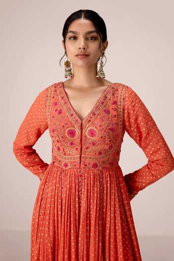 Shyam Narayan Prasad_Orange Silk, Organza, Chinon V-neck Yoke Embroidered Anarkali Set _Online