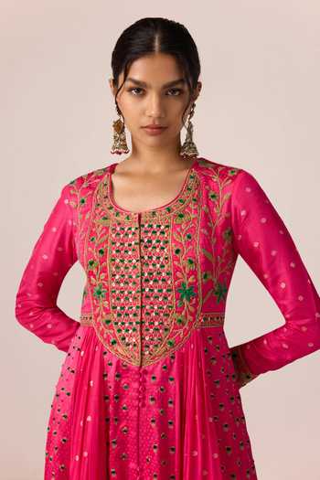 Shyam Narayan Prasad_Pink Silk, Organza, Brocade, Chinon Scoop Neck Thread Embroidered Anarkali Set _Online_at_Aza_Fashions