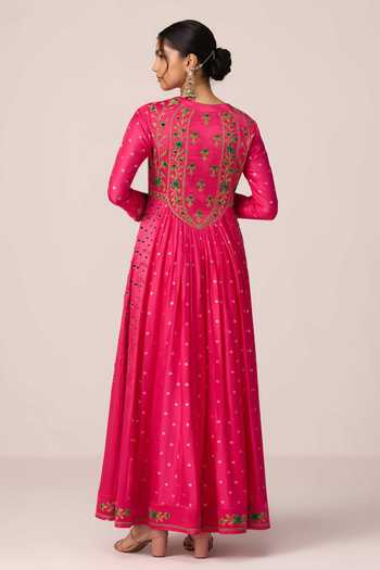 Shop_Shyam Narayan Prasad_Pink Silk, Organza, Brocade, Chinon Scoop Neck Thread Embroidered Anarkali Set _Online_at_Aza_Fashions