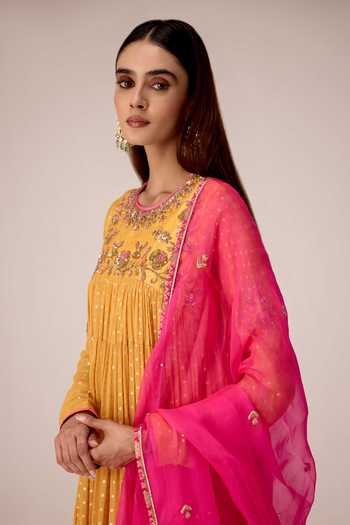 Shop_Shyam Narayan Prasad_Yellow Silk, Organza, Viscose, Chinon Round Zardozi Embroidered Anarkali Set _Online_at_Aza_Fashions