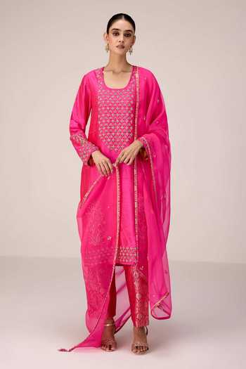 Buy_Shyam Narayan Prasad_Pink Silk, Organza, Brocade Scoop Neck, Yes Zardozi Embroidered Kurta Set _at_Aza_Fashions