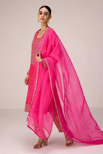 Shyam Narayan Prasad_Pink Silk, Organza, Brocade Scoop Neck, Yes Zardozi Embroidered Kurta Set _Online_at_Aza_Fashions