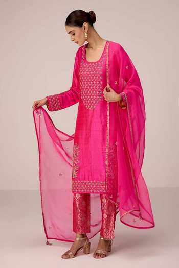 Shop_Shyam Narayan Prasad_Pink Silk, Organza, Brocade Scoop Neck, Yes Zardozi Embroidered Kurta Set _Online_at_Aza_Fashions