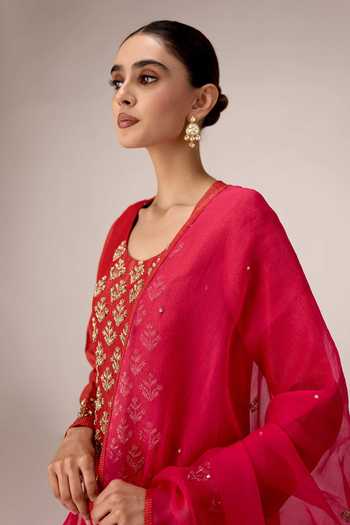 Shop_Shyam Narayan Prasad_Red Organza, Brocade Round Neck Zardozi Embroidered Kurta Set _Online_at_Aza_Fashions
