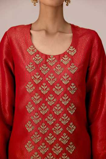 Shop_Shyam Narayan Prasad_Red Organza, Brocade Round Neck Zardozi Embroidered Kurta Set 