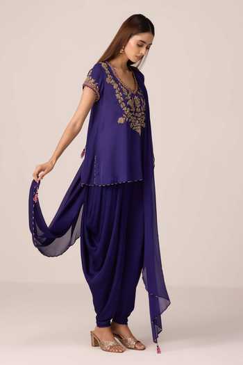 Shyam Narayan Prasad_Purple Organza, Satin, Chinon Scoop Neck Zardozi Yoke Embroidered Kurta Set _at_Aza_Fashions