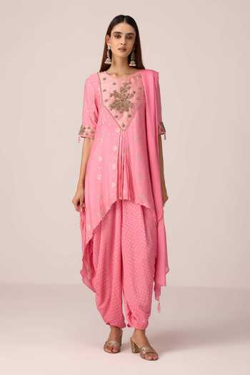 Shyam Narayan Prasad_Pink Brocade, Chinon Embroidery Round Neck Zardozi Kurta Set _Online_at_Aza_Fashions