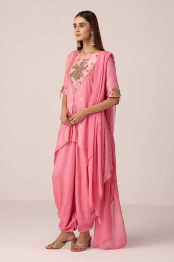 Buy_Shyam Narayan Prasad_Pink Brocade, Chinon Embroidery Round Neck Zardozi Kurta Set _Online_at_Aza_Fashions