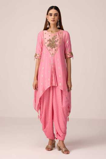 Shyam Narayan Prasad_Pink Brocade, Chinon Embroidery Round Neck Zardozi Kurta Set _at_Aza_Fashions