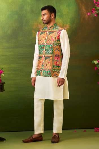 Arihant Rai Sinha_Off White Silk, Jacquard Floral Woven Bundi Set 