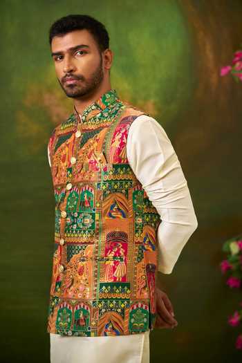 Arihant Rai Sinha_Off White Silk, Jacquard Floral Woven Bundi Set 