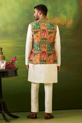 Arihant Rai Sinha_Off White Silk, Jacquard Floral Woven Bundi Set _Online_at_Aza_Fashions