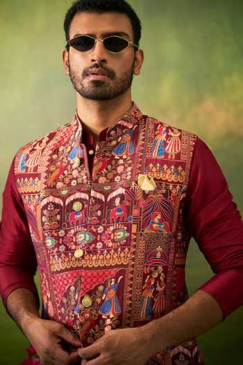Buy_Arihant Rai Sinha_Maroon Silk Bridal Woven Bundi Set _Online