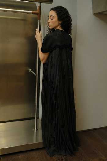 Shop_Therealb_Black Organza, Jacquard Round Neck Hand Embellished Dress _at_Aza_Fashions