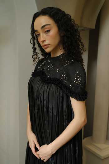 Buy_Therealb_Black Organza, Jacquard Round Neck Hand Embellished Dress _Online_at_Aza_Fashions