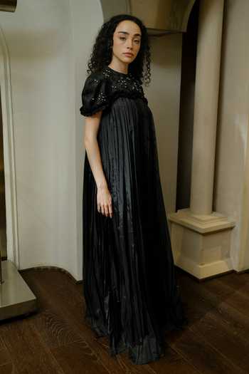 Shop_Therealb_Black Organza, Jacquard Round Neck Hand Embellished Dress _Online_at_Aza_Fashions