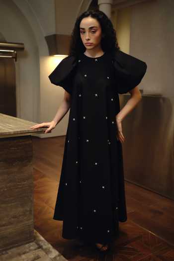 Buy_Therealb_Black Cotton Round Neck Embellished Dress _Online_at_Aza_Fashions