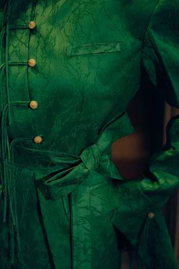 Buy_Therealb_Emerald Green Jacquard Mandarin Collar Woven Jacket And Skirt Set 