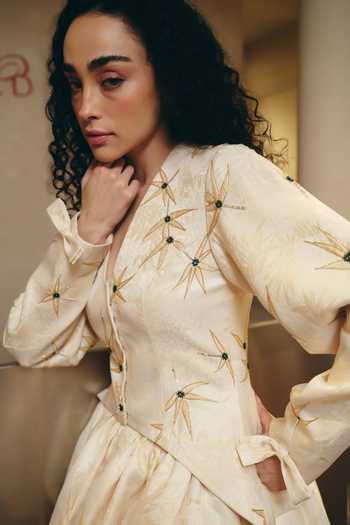 Therealb_Ivory Jacquard V-neck Hand Embellished Jacket _Online_at_Aza_Fashions