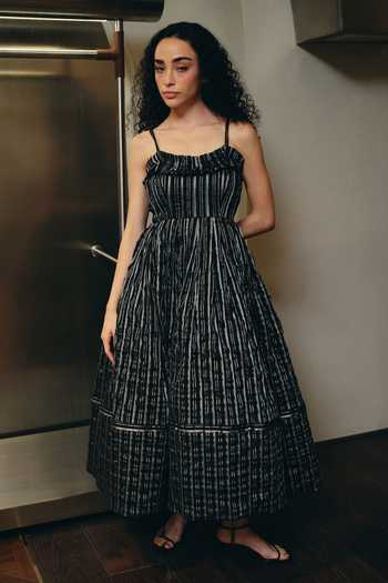 Therealb_Black Viscose Striped Pattern Gathered Dress _at_Aza_Fashions