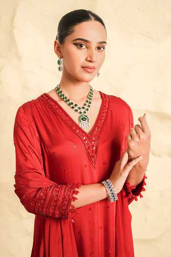Nidhika Shekhar_Red Satin, Chiffon, Shantoon V-neck Meherbaan Embroidered Kurta Set _Online_at_Aza_Fashions