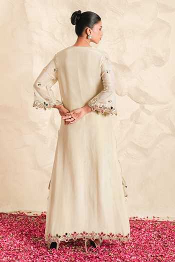 Shop_Nidhika Shekhar_Ivory Shantoon, Georgette V-neck Mehr Embroidered Kurta And Pant Set _at_Aza_Fashions