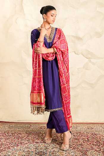 Buy_Nidhika Shekhar_Purple Chanderi, Shantoon V-neck, Yes Nayab Kurta Set _Online_at_Aza_Fashions