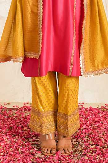 Shop_Nidhika Shekhar_Pink Chanderi V-neck, Yes Kesar Gul Embroidered Kurta Set _Online_at_Aza_Fashions