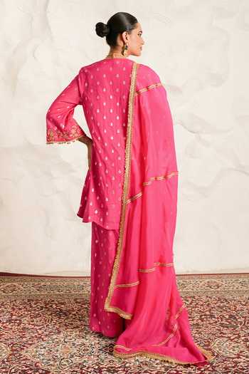 Shop_Nidhika Shekhar_Pink Chanderi, Organza Round Neck Kesar Embroidered Kurta Sharara Set _at_Aza_Fashions