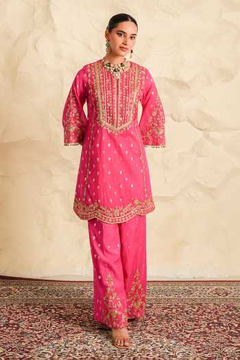 Buy_Nidhika Shekhar_Pink Chanderi, Organza Round Neck Kesar Embroidered Kurta Sharara Set _Online_at_Aza_Fashions