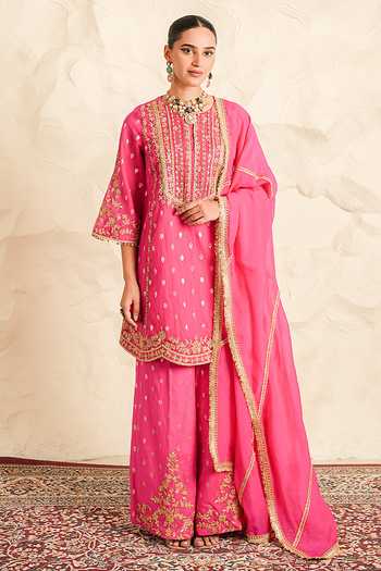 Buy_Nidhika Shekhar_Pink Chanderi, Organza Round Neck Kesar Embroidered Kurta Sharara Set _at_Aza_Fashions