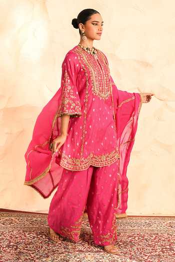 Shop_Nidhika Shekhar_Pink Chanderi, Organza Round Neck Kesar Embroidered Kurta Sharara Set _Online_at_Aza_Fashions