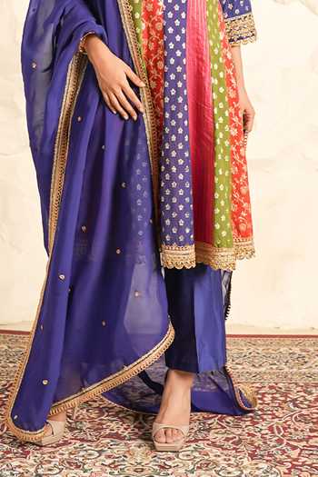 Buy_Nidhika Shekhar_Multi Color Organza, Chanderi, Shantoon V-neck Noor Mahal Colorblock Kurta Set _Online_at_Aza_Fashions