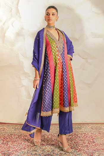 Shop_Nidhika Shekhar_Multi Color Organza, Chanderi, Shantoon V-neck Noor Mahal Colorblock Kurta Set _Online_at_Aza_Fashions