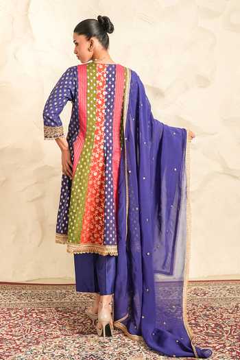 Shop_Nidhika Shekhar_Multi Color Organza, Chanderi, Shantoon V-neck Noor Mahal Colorblock Kurta Set _at_Aza_Fashions