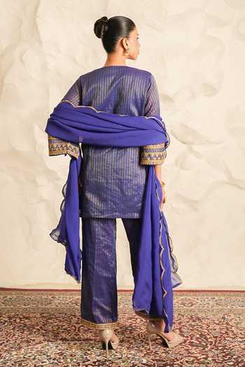 Shop_Nidhika Shekhar_Blue Chanderi, Organza Split V-neck Saanjh Embroidered Kurta Set _at_Aza_Fashions