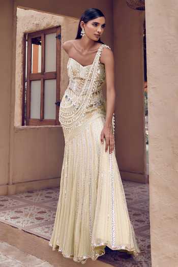 Buy_Nidhika Shekhar_Gold Georgette, Shantoon Sweetheart Neck Muktika Pearl Lehenga Saree With Blouse _Online_at_Aza_Fashions