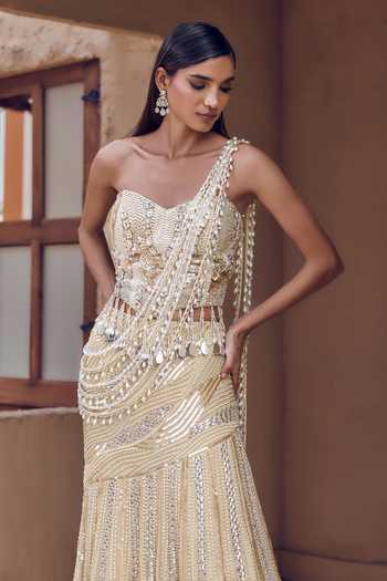 Shop_Nidhika Shekhar_Gold Georgette, Shantoon Sweetheart Neck Muktika Pearl Lehenga Saree With Blouse _Online_at_Aza_Fashions