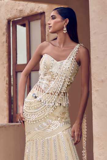 Nidhika Shekhar_Gold Georgette, Shantoon Sweetheart Neck Muktika Pearl Lehenga Saree With Blouse _at_Aza_Fashions