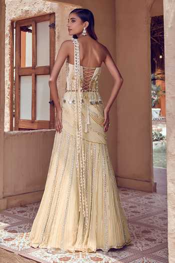 Shop_Nidhika Shekhar_Gold Georgette, Shantoon Sweetheart Neck Muktika Pearl Lehenga Saree With Blouse _at_Aza_Fashions